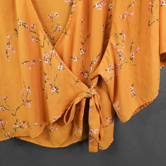 Express Womens Top XS Yellow Floral Sheer Flowy Romantic Coquette Wrap Coastal - Picture 2 of 11